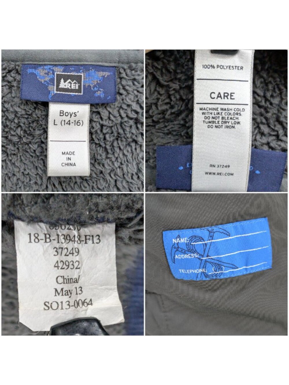 REI Hooded Jacket Boys Blue Fleece Lined Full Zip Pockets Size L 14-16 - Picture 5 of 9